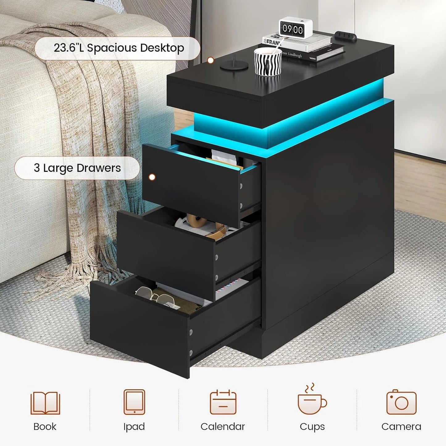 Bedroom Nightstand Charging Station LED Lights Sliding Top Drawers