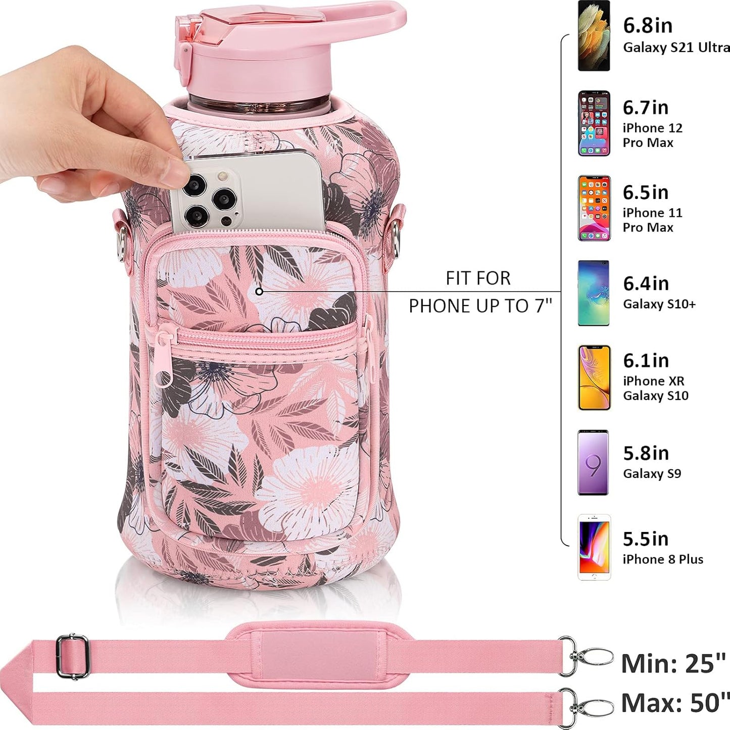 Fimibuke Half Gallon Water Bottle with Sleeve 64 OZ Water Bottle with Handle & Straw Leakproof Motivational Sports Gym Water Bottle with Time Marker BPA Free Water Jug with Reusable Neoprene Holder