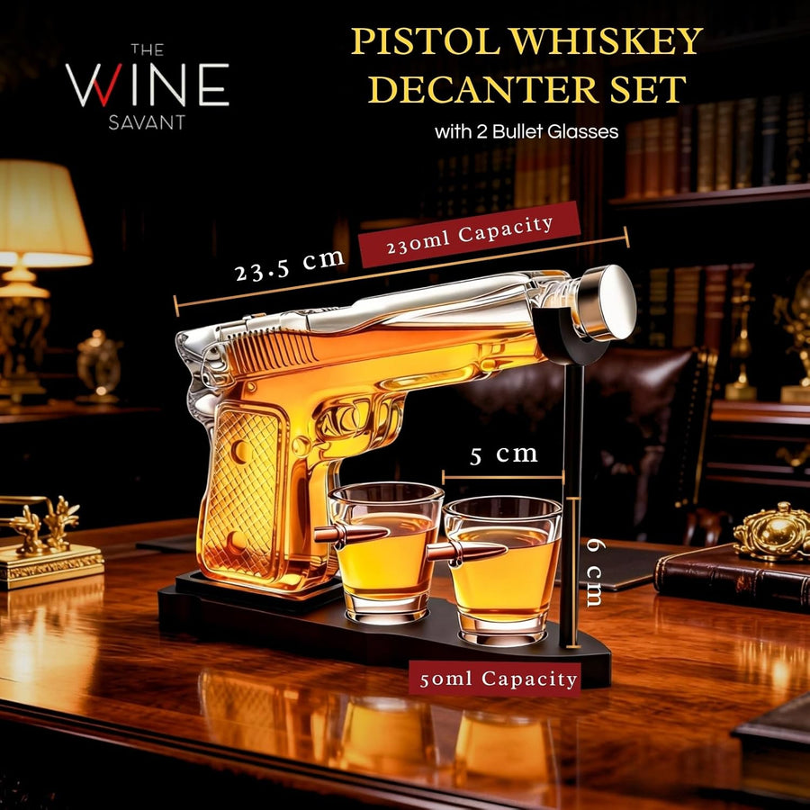 The Wine Savant Whiskey Gun Decanter Set + 2 Bullet Glasses - Birthday Pistol Gifts for Men Who Have Everything, Whiskey Gifts for Men Dad, for Father, Husband, Boyfriend & Military Enthusiasts