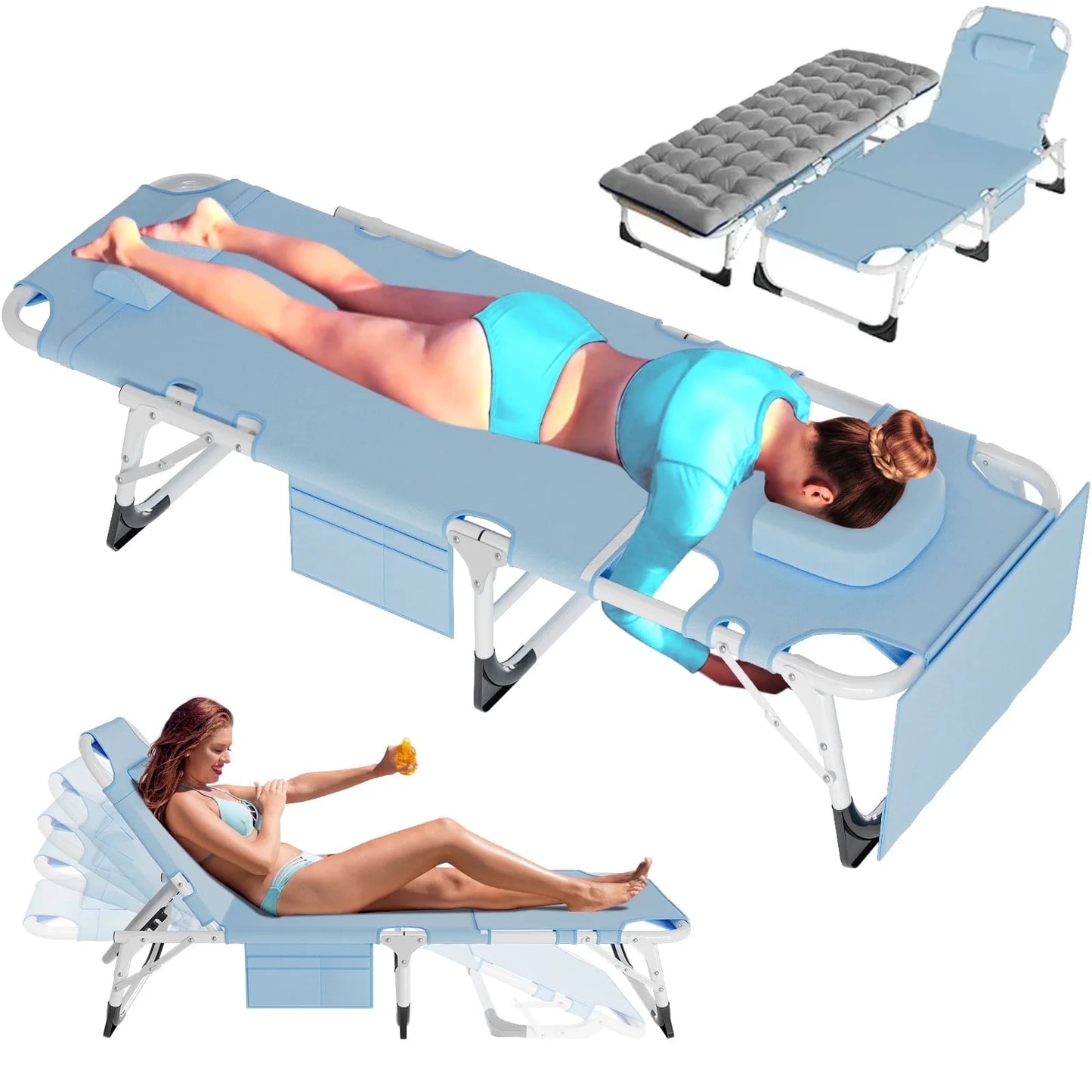 Slsy 3 in 1 Sun Tanning Chair Oversized with Mat & Face Arm Hole, 5-Position Heavy Duty Folding Chaise Outdoor Lounge Chair W/ Pillow, for Beach, Pool, Lawn, Yard, Patio