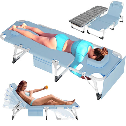 Slsy 3 in 1 Sun Tanning Chair Oversized with Mat & Face Arm Hole, 5-Position Heavy Duty Folding Chaise Outdoor Lounge Chair W/ Pillow, for Beach, Pool, Lawn, Yard, Patio