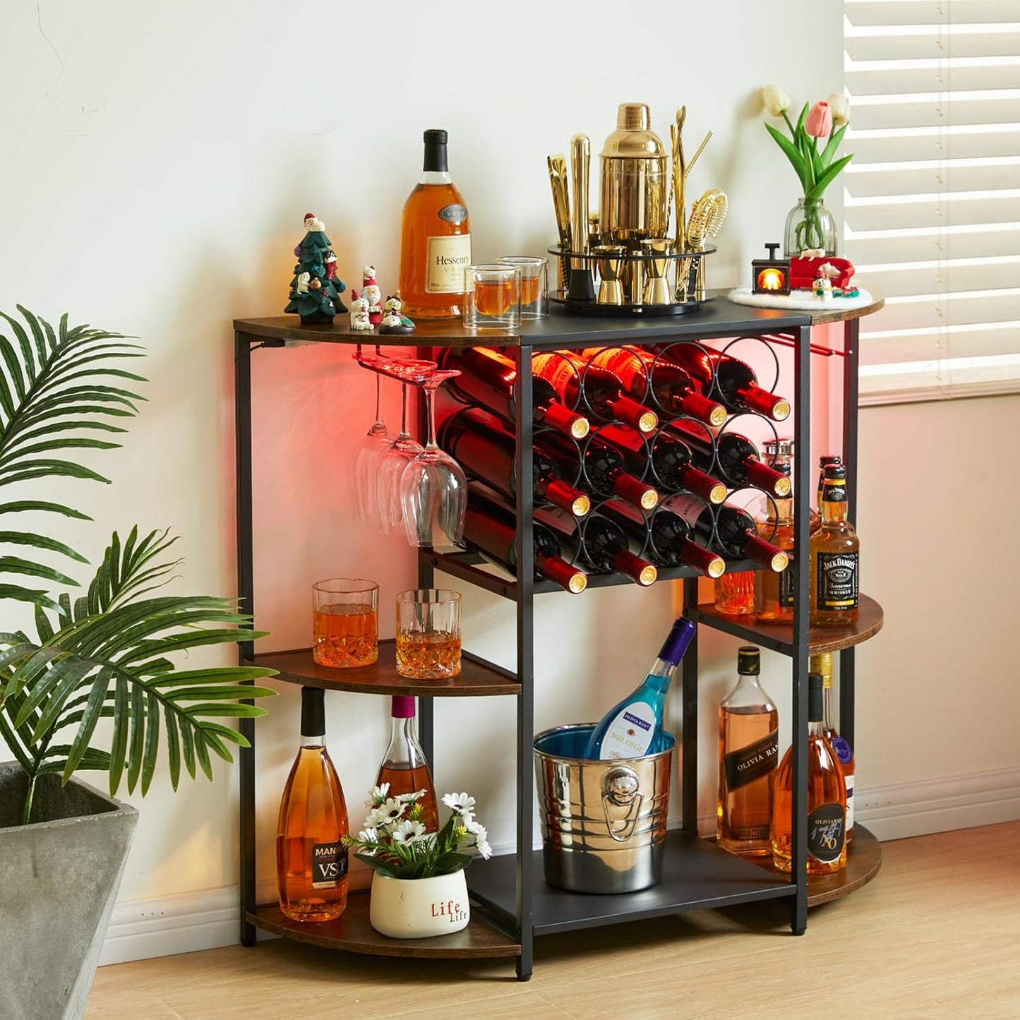 Jksmart Wine Bar Cabinet with LED Lights, Mini Wine Rack with Storage and Glass Holder, Home Bar Cart for Liquor, 3-Tier Bar Table for Kitchen, Dining Room, Living Room, Rustic Brown