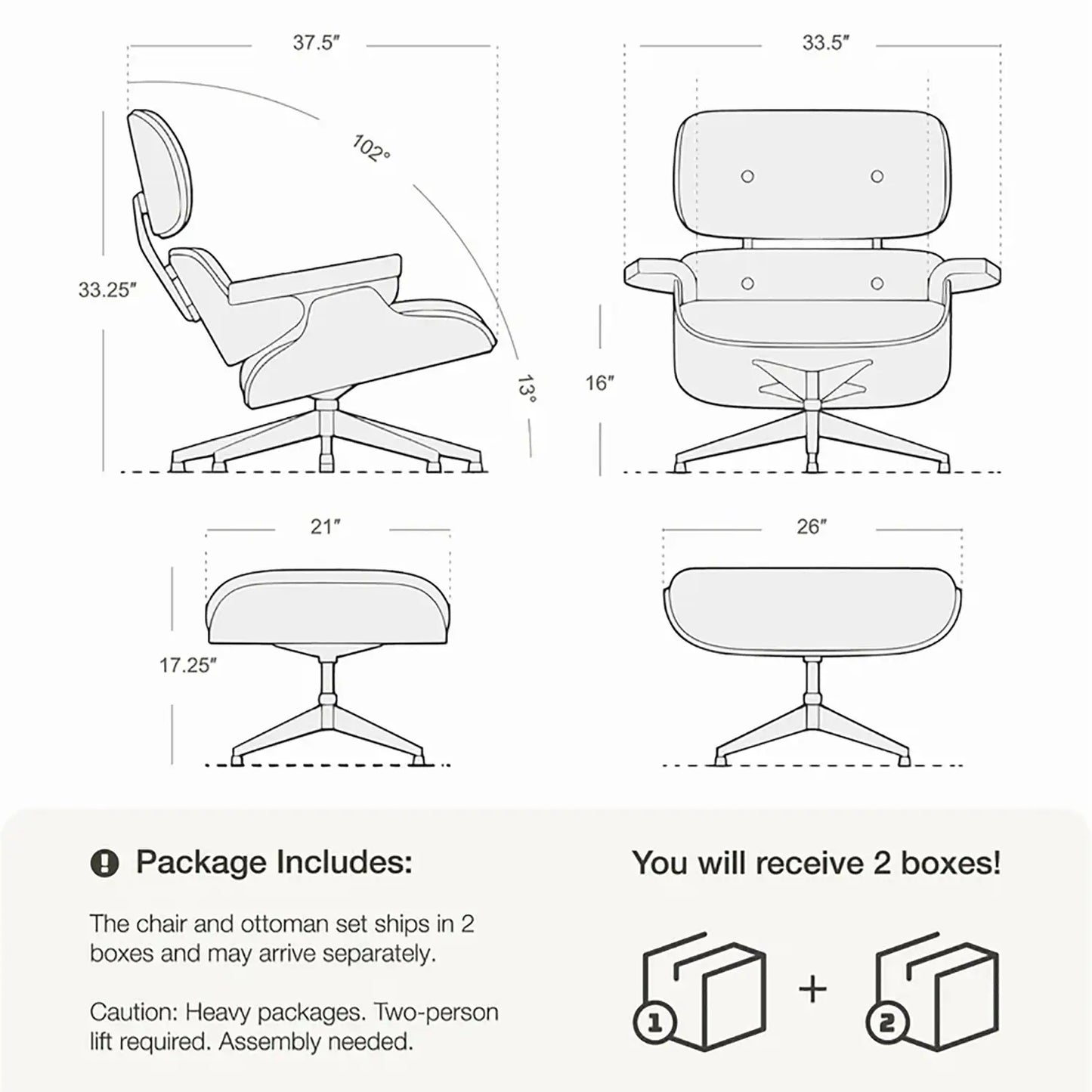 Mid-Century Full Grain Leather Accent Chaise Lounge Chair and Ottoman