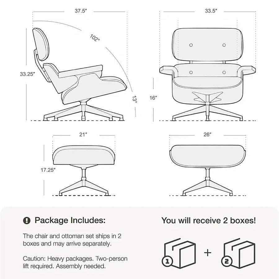 Mid-Century Full Grain Leather Accent Chaise Lounge Chair and Ottoman