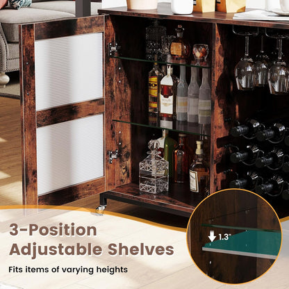 GOFLAME Wine Bar Cabinet on Wheels, Liquor Buffet Sideboard with LED Lights, Storage Shelves, Glass Holders & Wine Racks, Industrial Coffee Cart Station for Kitchen Dining Room, Rustic Brown