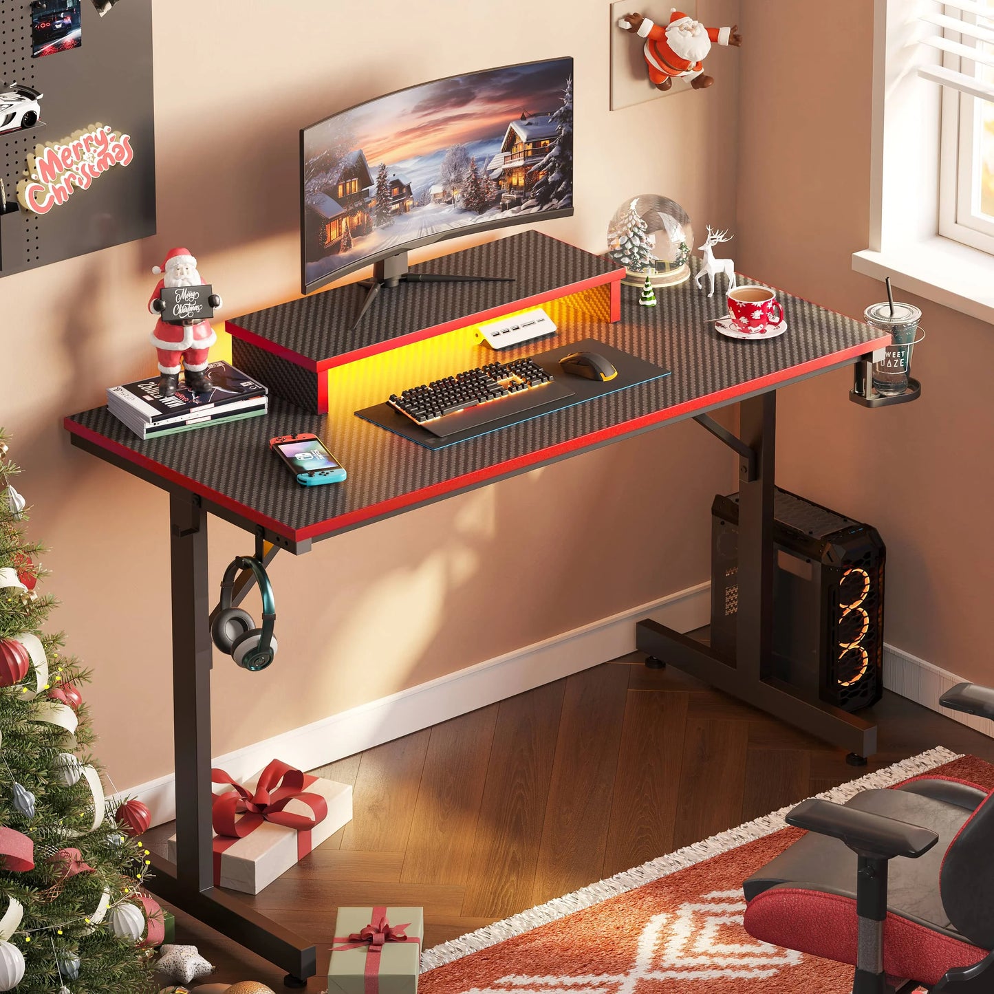 Bestier 42" Gaming Desk PC Computer Office Gamer Table Desk with LED Lights & Monitor Stand in Red