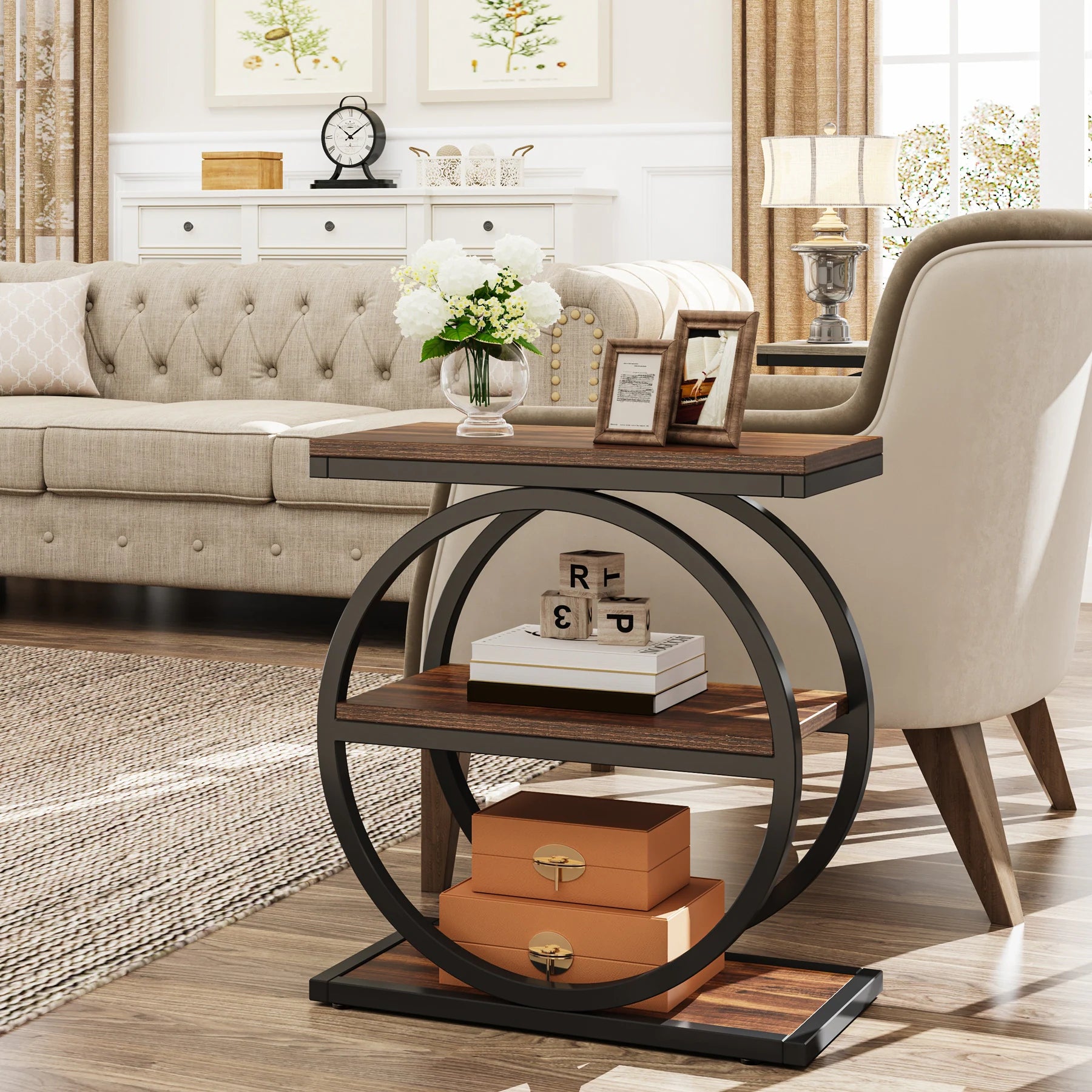 Narrow End Table with 3 Storage Shelves, Wood Side Table for Living Room
