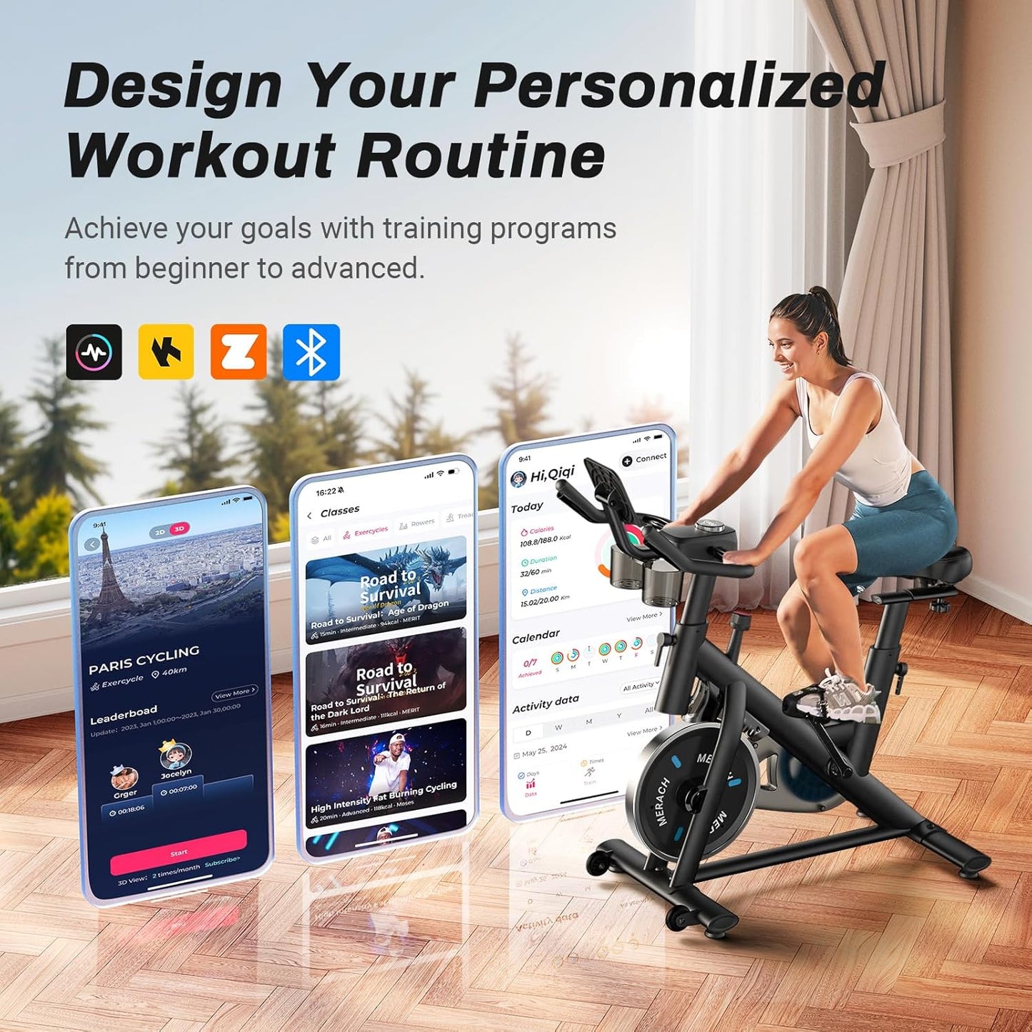 MERACH Exercise Bike, Brake Pad Stationary Bike with Exclusive App, Low Noise Indoor Cycling Bike with 300Lbs Weight Capacity, Tablet Mount and Fitness Courses for Weight Loss