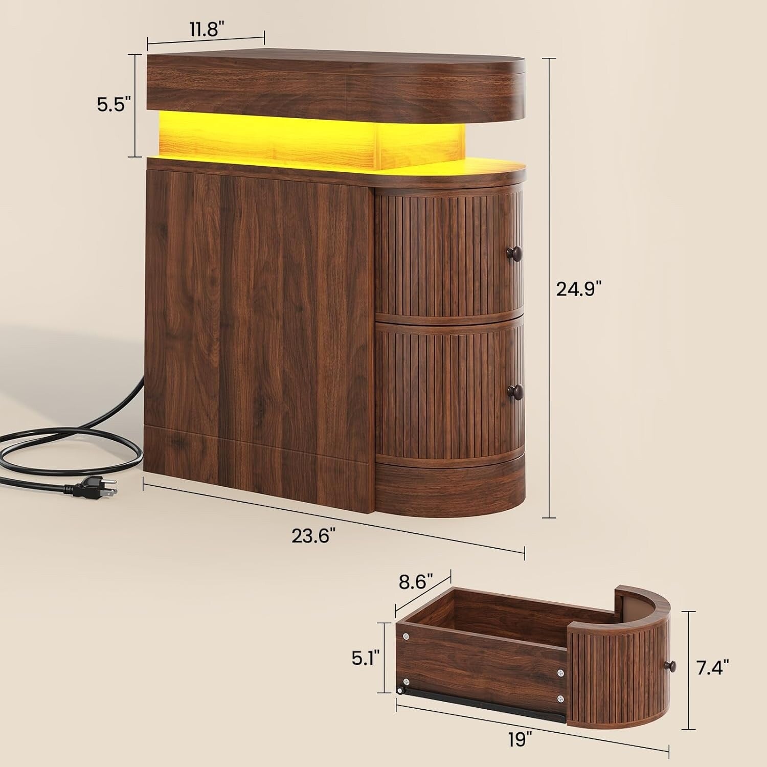 Bedroom Nightstand Charging Station LED Lights Sliding Top Drawers