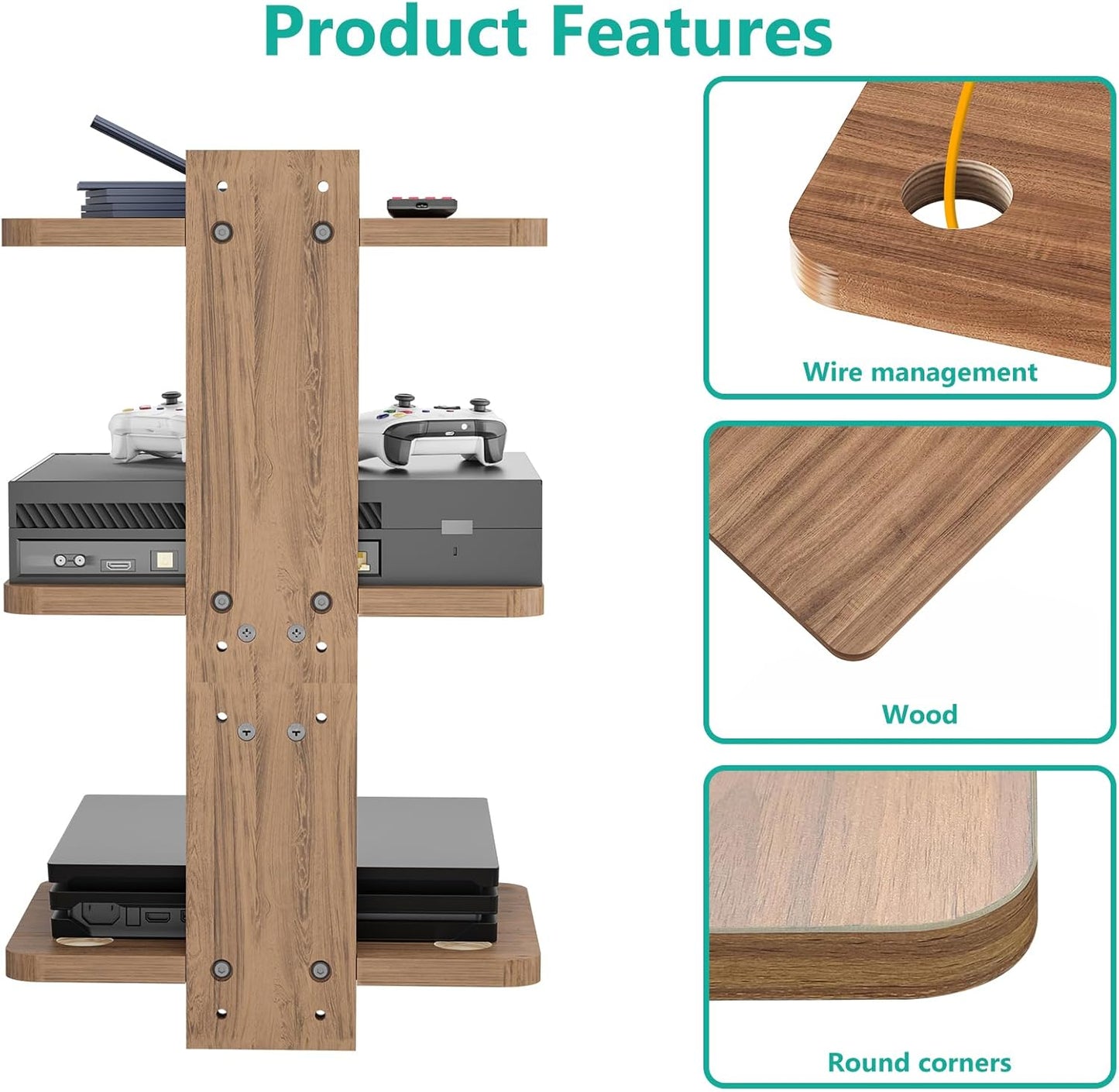 Floating TV Shelves for Wall, Projector Shelf Holds up to 22Lbs, Wooden Wall Mounted Shelves for DVD Players, Cable Boxes,Game Consoles, Living Room Decor Accessories (CS303N), 3 Shelf, Wood