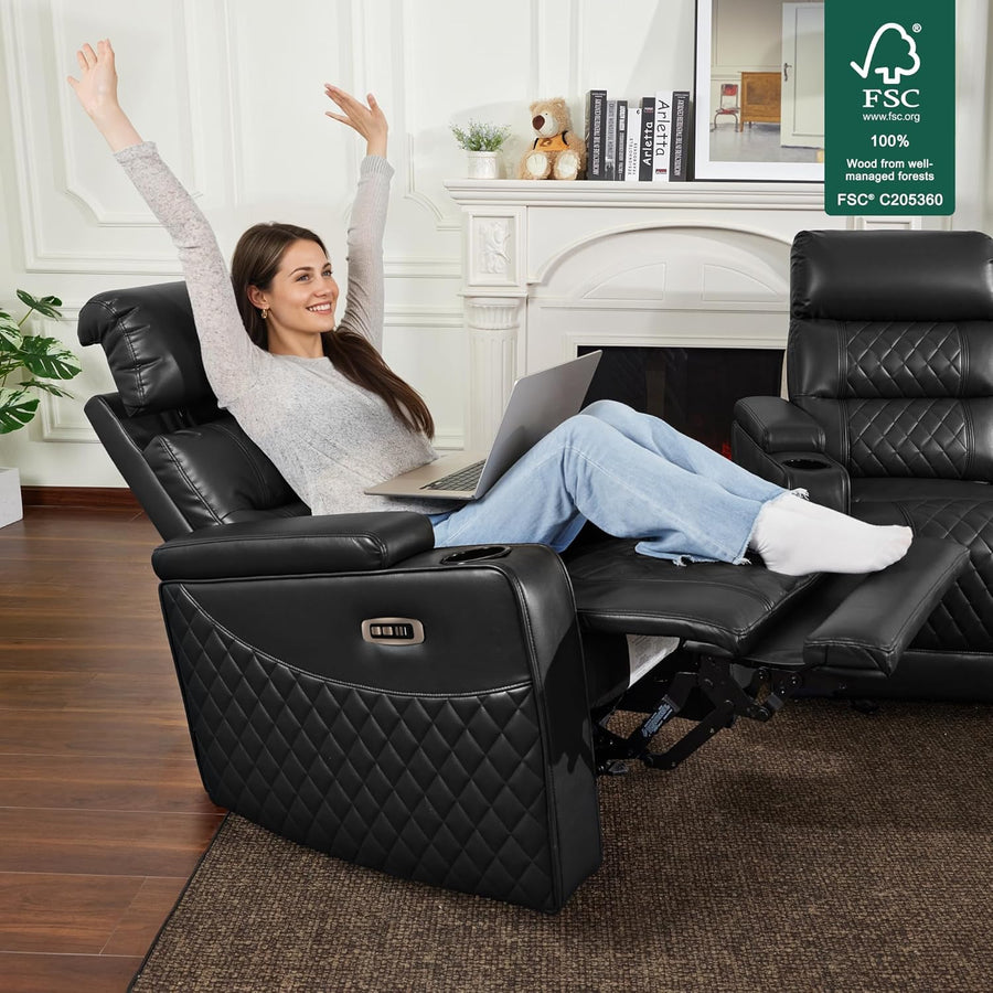 Mcombo Power Recliner Chair for Adults, Home Theater Seating with Power Headrest, FSC Certified, USB & Type C Ports, Armrest Storage & LED Light HTS432 (Black, Single Recliner)