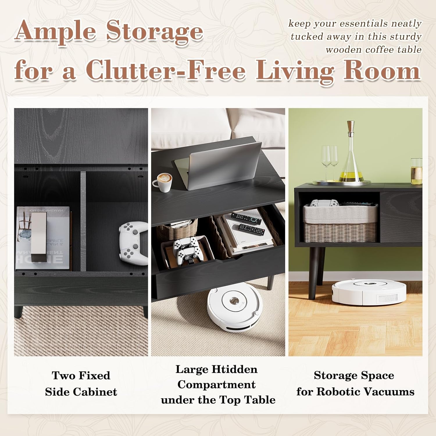 OLIXIS Wood Lift Top Coffee Table with Hidden Compartment and Large Storage Shelf, Lift Tabletop Dining Center Table for Home Living Room Office, Black