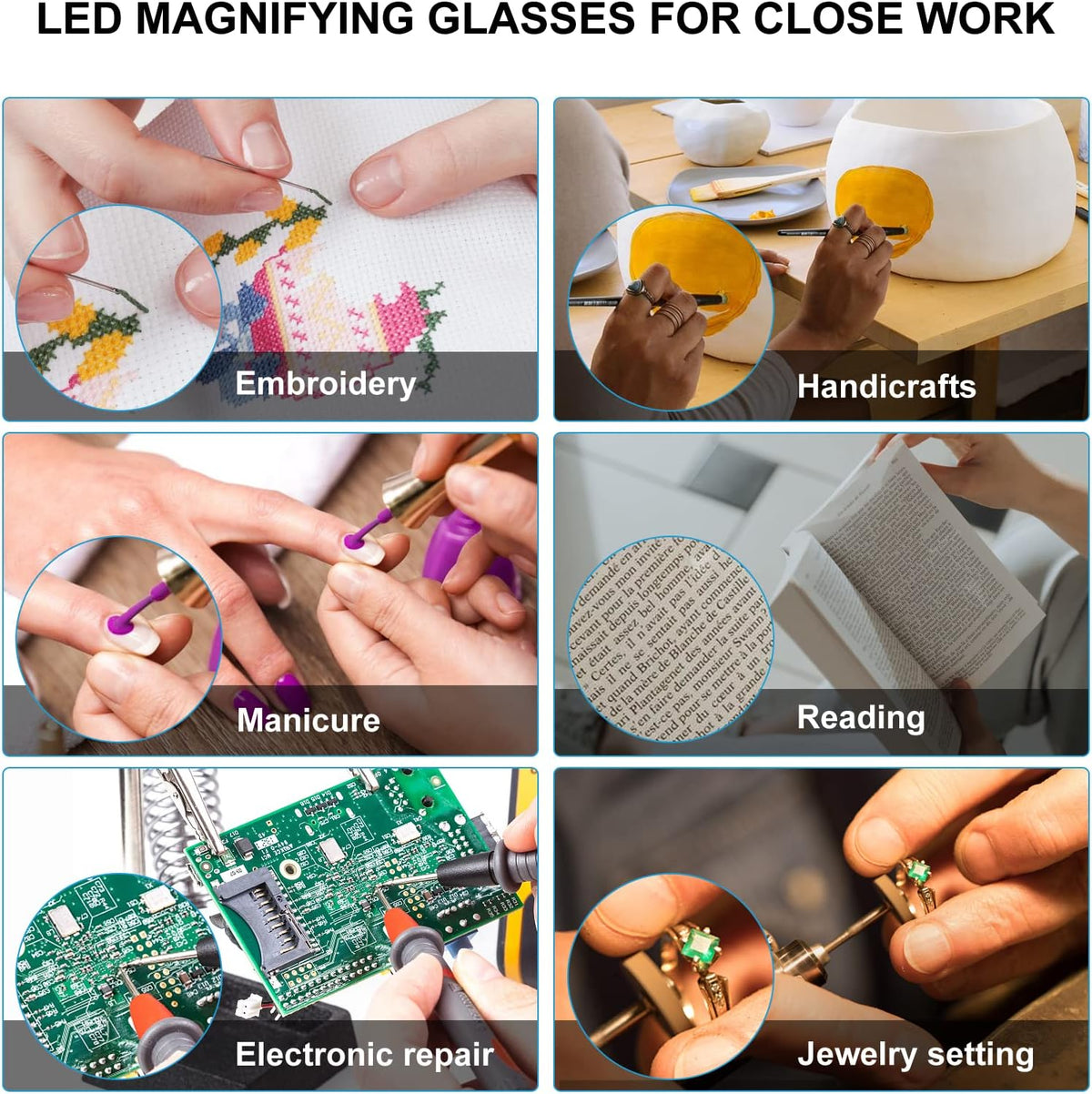 OKH LED Magnifying Glasses – Hands-Free 2X Magnification with USB Rechargeable Lights