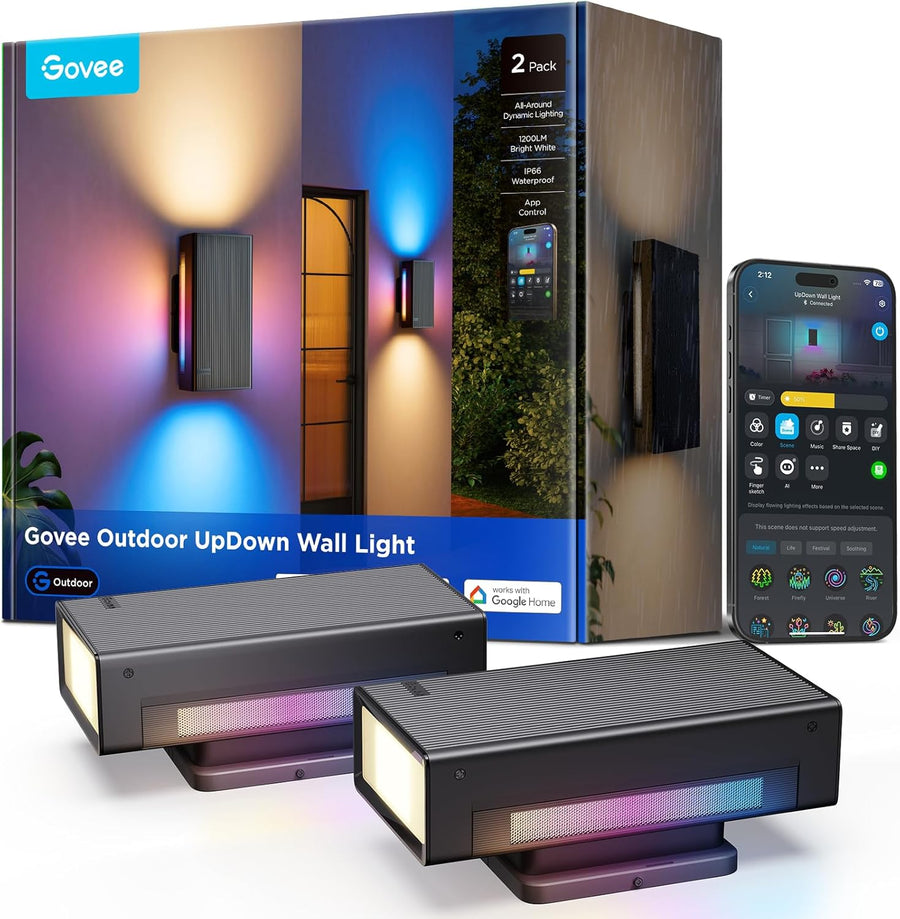 Govee Outdoor Updown Wall Light, 2 Pack, 1200LM RGBICWW Smart Porch Lights Outdoor with 64 Scene Modes, IP66 Waterproof Wall Sconce for Outdoor Decor, Works with Alexa, Google Assistant and Matter