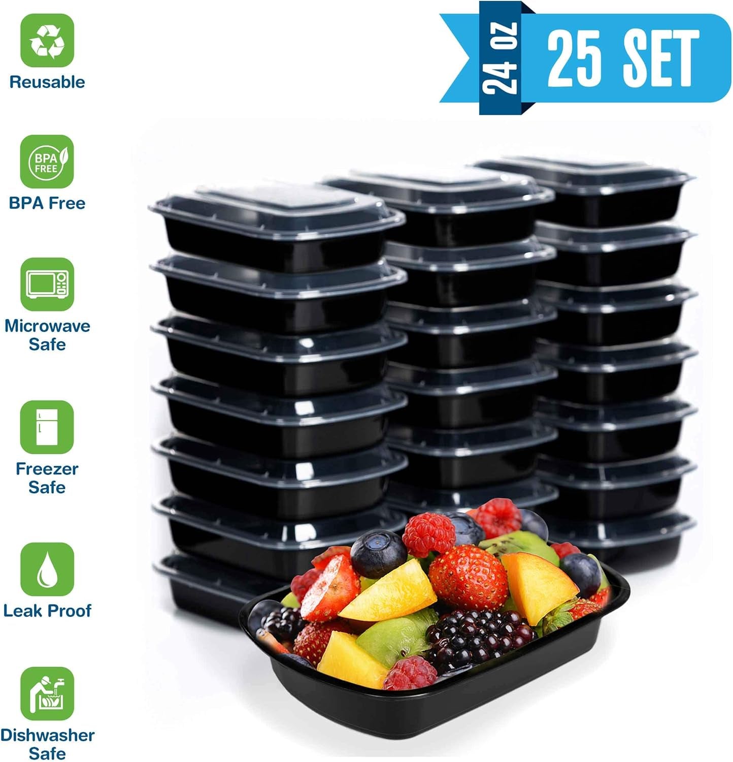 Safeware Meal Prep Container Reusable with Lids [25 Set] 24Oz. Ideal-Food Prep Containers, Food Storage Bento Box, Portion Control | Stackable | Microwave | Dishwasher | Freezer Safe