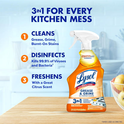 Lysol Pro Kitchen Spray Cleaner and Degreaser, Antibacterial All Purpose Cleaning Spray for Kitchens, Countertops, Ovens, and Appliances, Citrus Scent, 22Oz