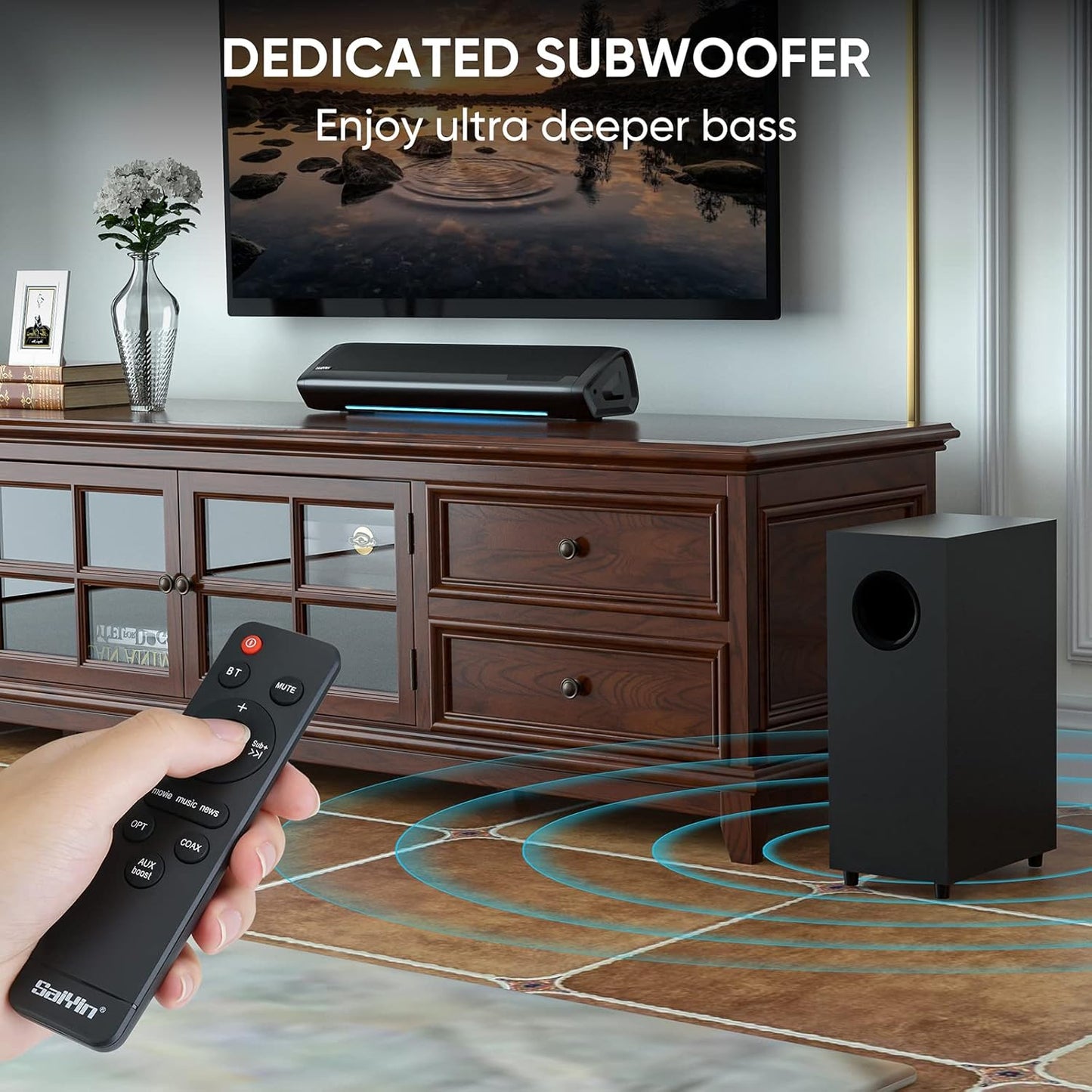 Sound Bars for TV with Subwoofer, 2.1 Deep Bass Small Soundbar Monitor Speaker Home Theater Surround System PC Gaming Bluetooth/Aux/Optical Connection, Wall Mountable 17-Inch