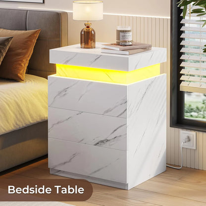 Bedroom Nightstand Charging Station LED Lights Sliding Top Drawers