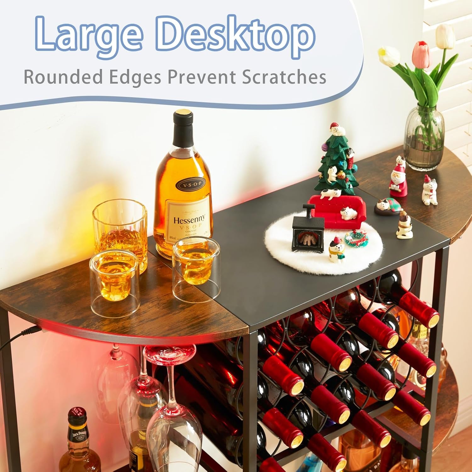 Jksmart Wine Bar Cabinet with LED Lights, Mini Wine Rack with Storage and Glass Holder, Home Bar Cart for Liquor, 3-Tier Bar Table for Kitchen, Dining Room, Living Room, Rustic Brown