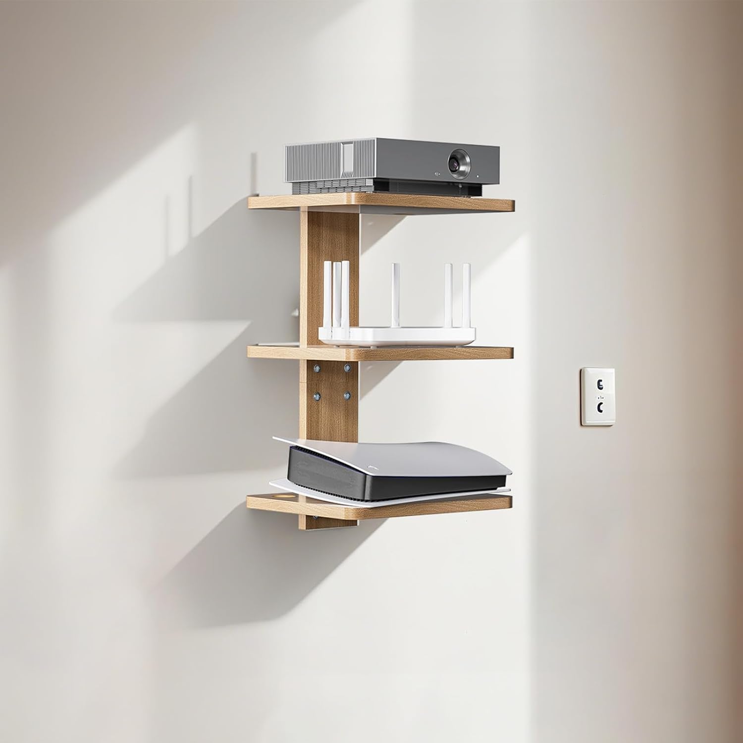Floating TV Shelves for Wall, Projector Shelf Holds up to 22Lbs, Wooden Wall Mounted Shelves for DVD Players, Cable Boxes,Game Consoles, Living Room Decor Accessories (CS303N), 3 Shelf, Wood