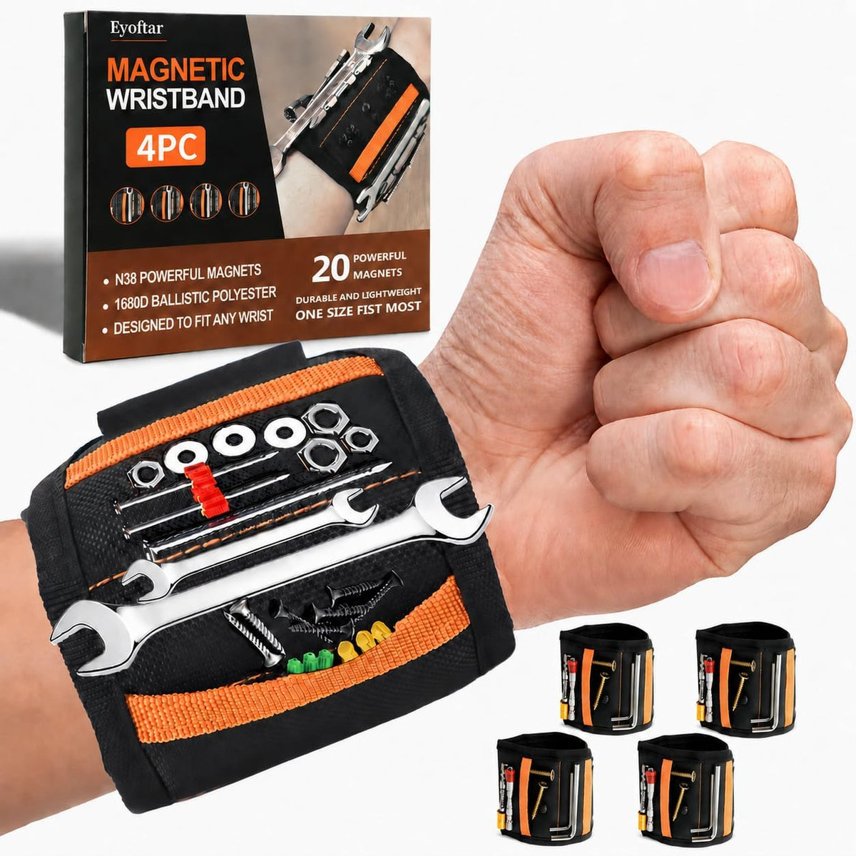 Magnetic Wristband for Tools (4-Pack) - Premium Tool Belt for Men, Heavy-Duty 20-Magnet Holds Screws DIY & Construction, Gift for Men, Cool Gadgets for Husband, Grandpa, Handyman