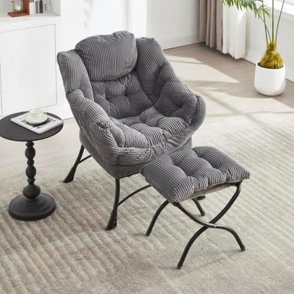 Bellemave Lazy Chair with Ottoman, Lounge Accent Chair with Armrests and Side Pocket, Leisure Upholstered Sofa Chairs with Footrest for Small Space, Reading Chairs for Living Room, Bedroom (Grey)