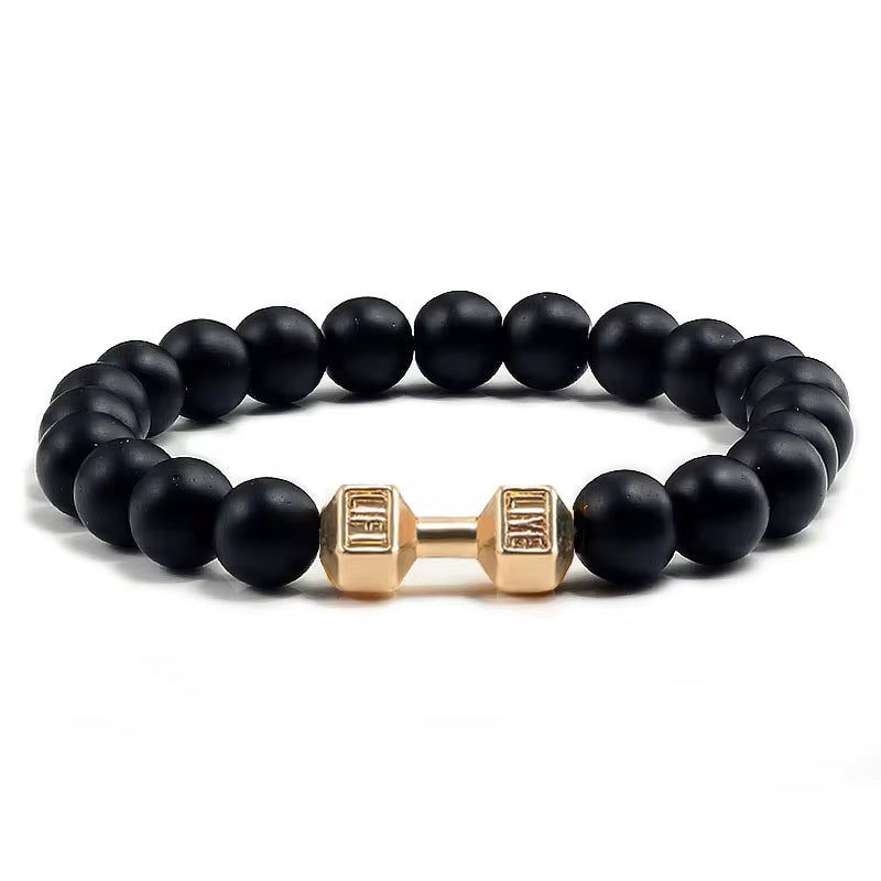 ForgeFit™ Volcanic Stone Fitness Bracelet / Natural Volcanic Stone Bracelet Men Matte Black Lave White Beads Charm Dumbbell Strand Bracelets Women Barbell Fitness Jewelry