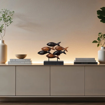 Macaulay School of Fish Sculpture Solid Acacia Wooden Sculpture 10 Inch Nature Sculpture Handmade Home Decor