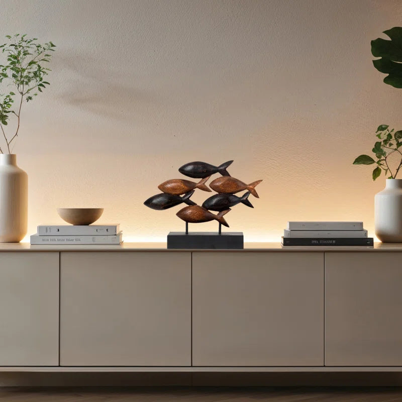 Macaulay School of Fish Sculpture Solid Acacia Wooden Sculpture 10 Inch Nature Sculpture Handmade Home Decor