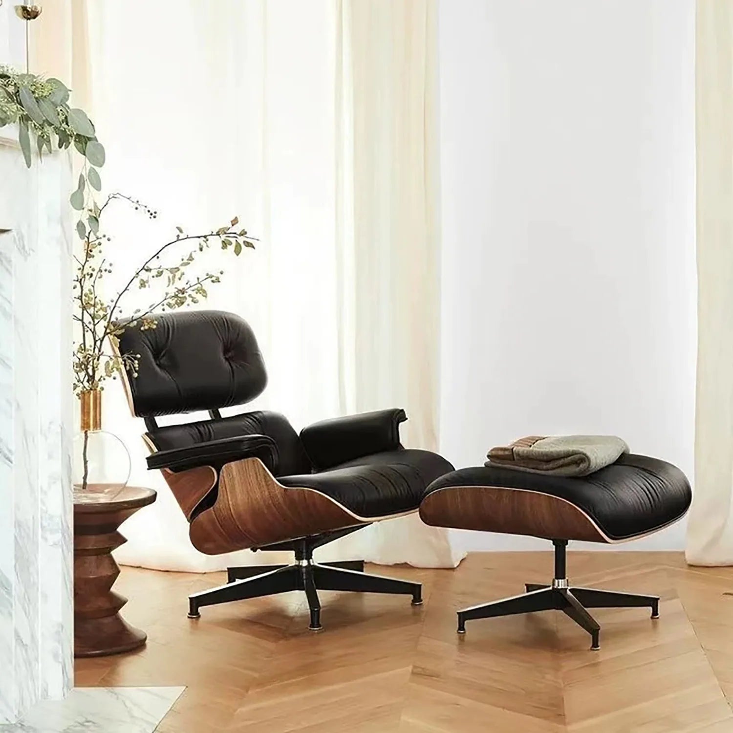 Mid-Century Full Grain Leather Accent Chaise Lounge Chair and Ottoman
