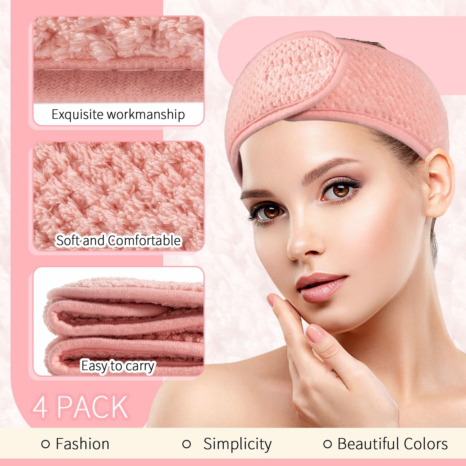 Whaline 4 Pack Spa Facial Headband, Pea Green, Pink, Beige, Light Gray | Makeup Hair Wrap, Adjustable Hair Band, Soft Towel Head Band, for Face Washing, Shower Sports Yoga