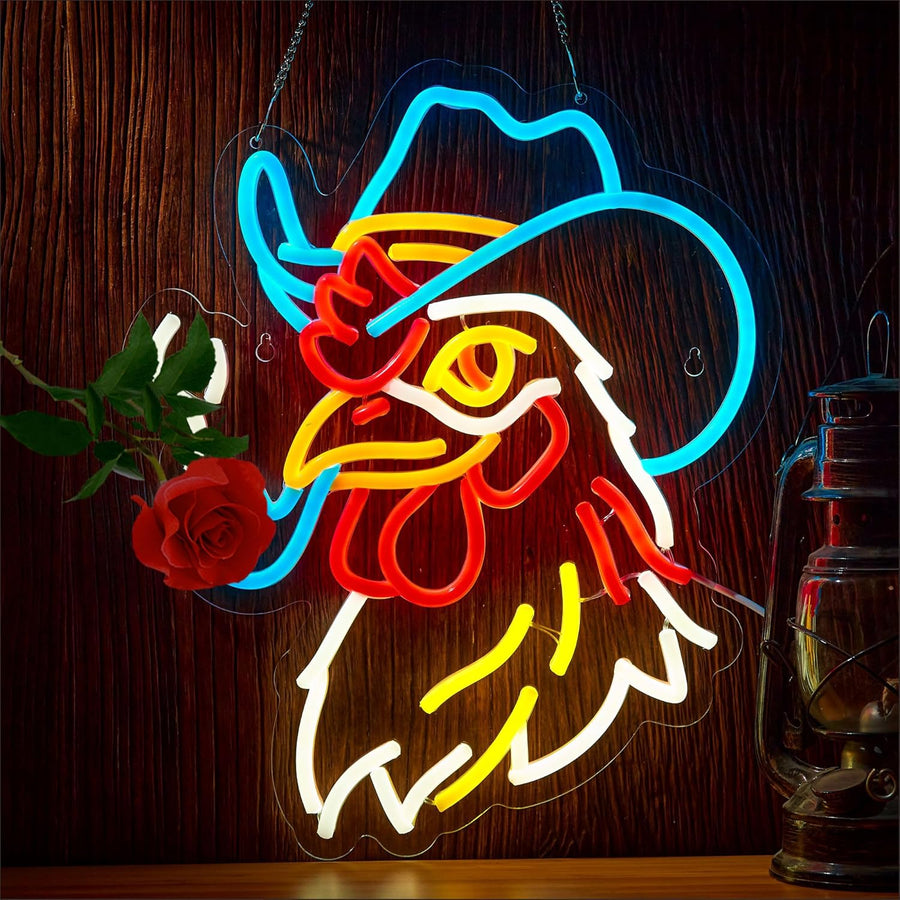 Cowboy Rooster Neon Sign for Wall Decor, Cowboy Hat LED Light up Sign Western Wall Decor for Man Cave, Decor for Bar Pub Club,Birthday Christmas Signs for Boys Kids Gift