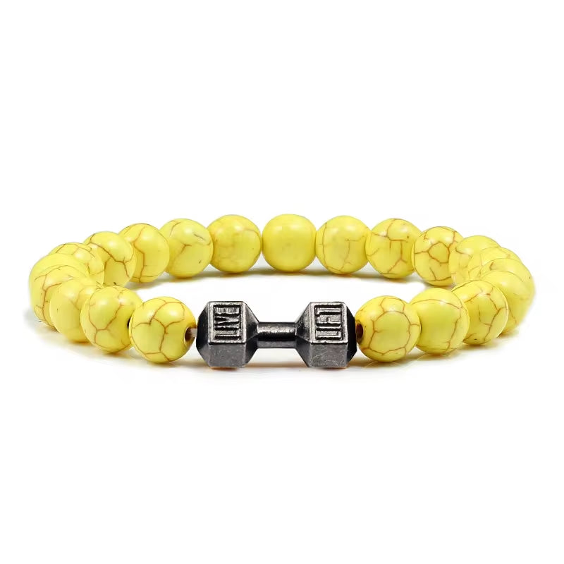 ForgeFit™ Volcanic Stone Fitness Bracelet / Natural Volcanic Stone Bracelet Men Matte Black Lave White Beads Charm Dumbbell Strand Bracelets Women Barbell Fitness Jewelry