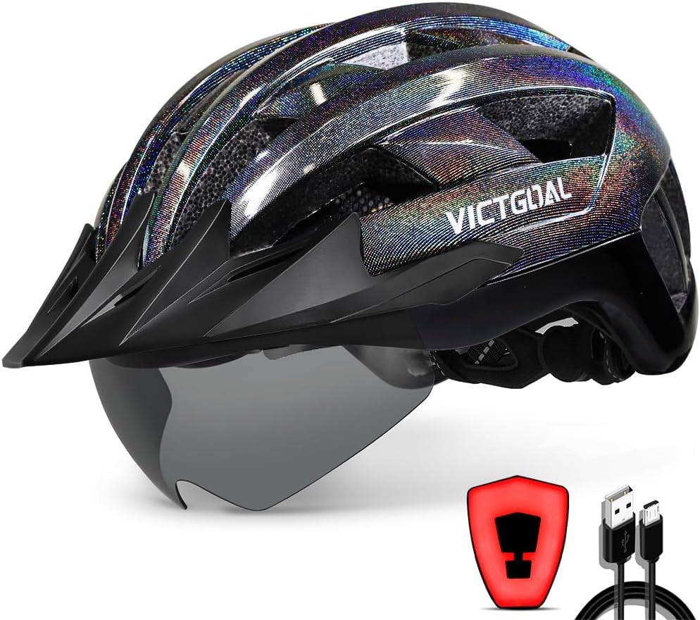 VICTGOAL Bike Helmet with USB Rechargeable Rear Light Detachable Magnetic Goggles Removable Sun Visor Mountain & Road Bicycle Helmets for Men Women Adult Cycling Helmets