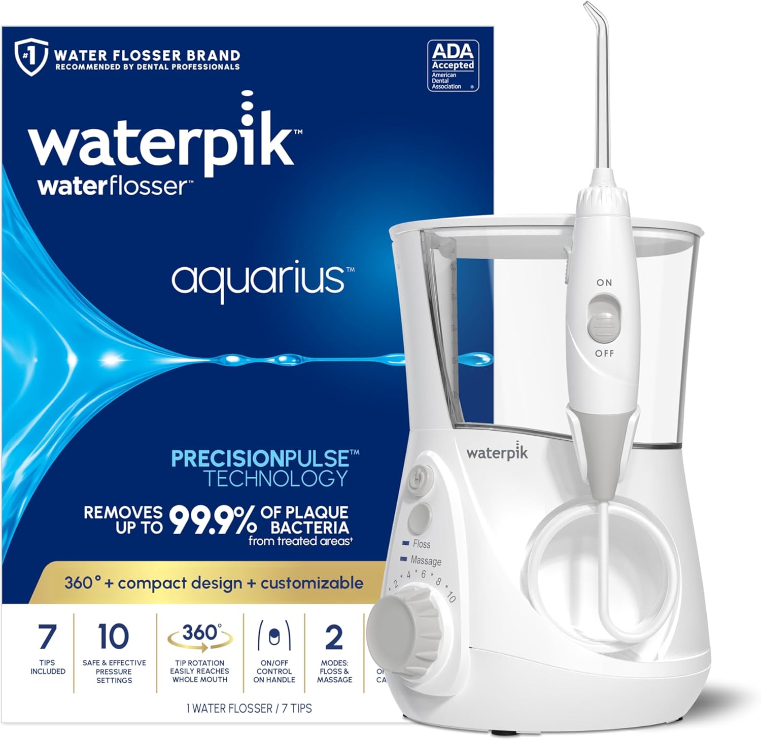 Aqua Pulse™ Water pik Aquarius Water Flosser for Teeth Cleaning, Gums, Braces, Dental Care, Electric Power with 10 Settings, 7 Tips for Multiple Users and Needs, ADA Accepted, White WP-660, Packaging May Vary