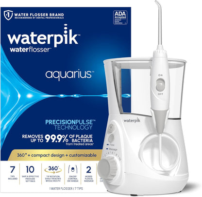 Aqua Pulse™ Water pik Aquarius Water Flosser for Teeth Cleaning, Gums, Braces, Dental Care, Electric Power with 10 Settings, 7 Tips for Multiple Users and Needs, ADA Accepted, White WP-660, Packaging May Vary