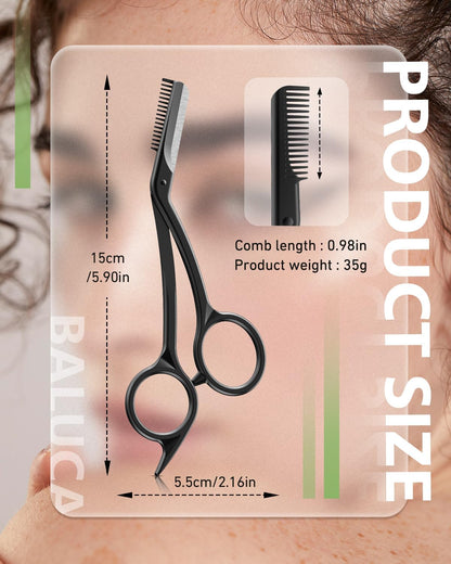 BALUCA Eyebrow Scissors with Comb | Professional Stainless Steel Eyebrow Trimmer for Women & Men | Dual-Design Precision Eye Brow Trimmer Scissors for Effortless Grooming, Silver (Black)
