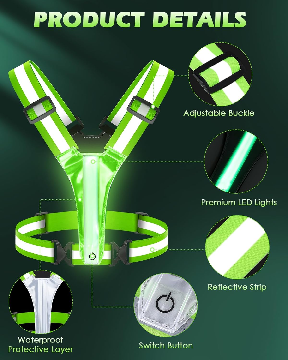 Zacro LED Reflective Vest Running Gear, 5 Lights Colors High Visibility Reflective Running Gear Rechargeable Light up Running Vest for Walking Running Cycling, Adjustable for Men Women Kids