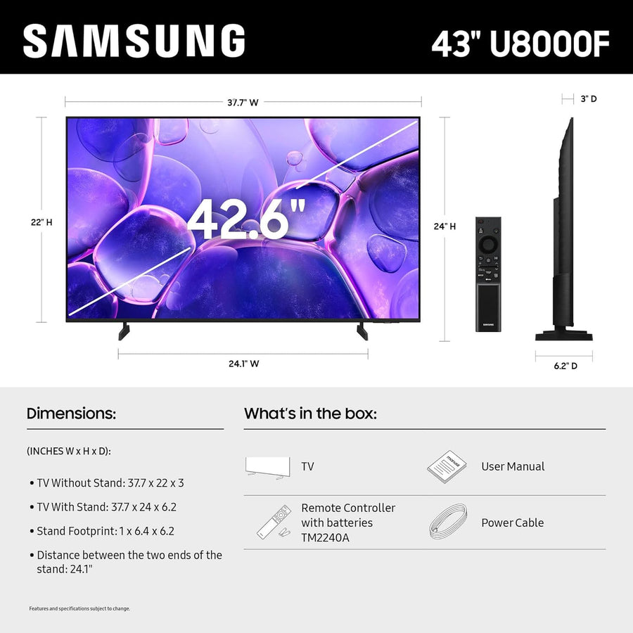 Samsung 43-Inch Class Crystal UHD U8000F 4K Smart TV (2025 Model) Endless Free Content, Crystal Processor 4K, Metalstream Design, Knox Security, Alexa Built-In
