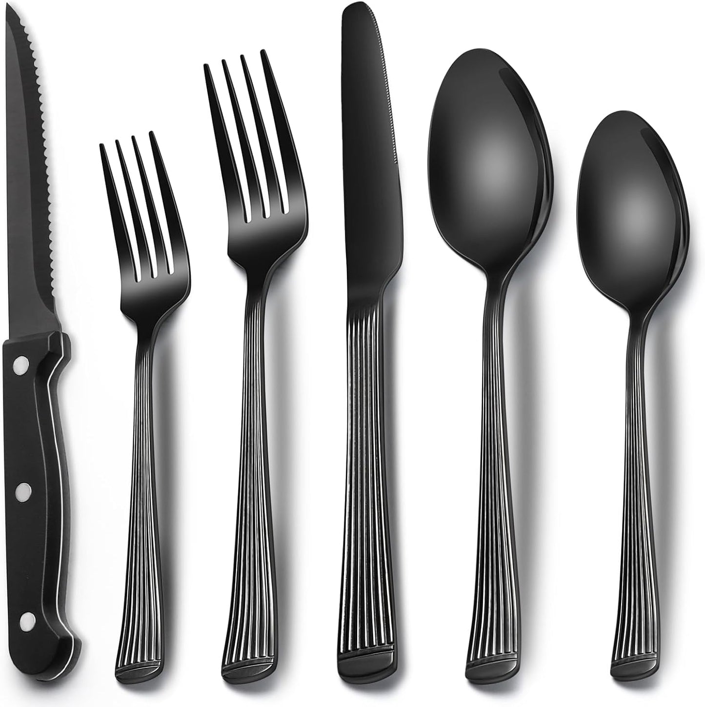 EWFEN 24-Piece Black Silverware Set with Steak Knives, Black Flatware Set for 4, Food-Grade Stainless Steel Tableware Cutlery Set, Mirror Finished Utensil Sets for Home Restaurant, round Edge