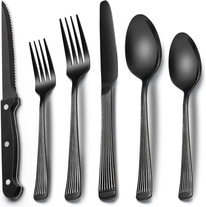EWFEN 24-Piece Black Silverware Set with Steak Knives, Black Flatware Set for 4, Food-Grade Stainless Steel Tableware Cutlery Set, Mirror Finished Utensil Sets for Home Restaurant, round Edge