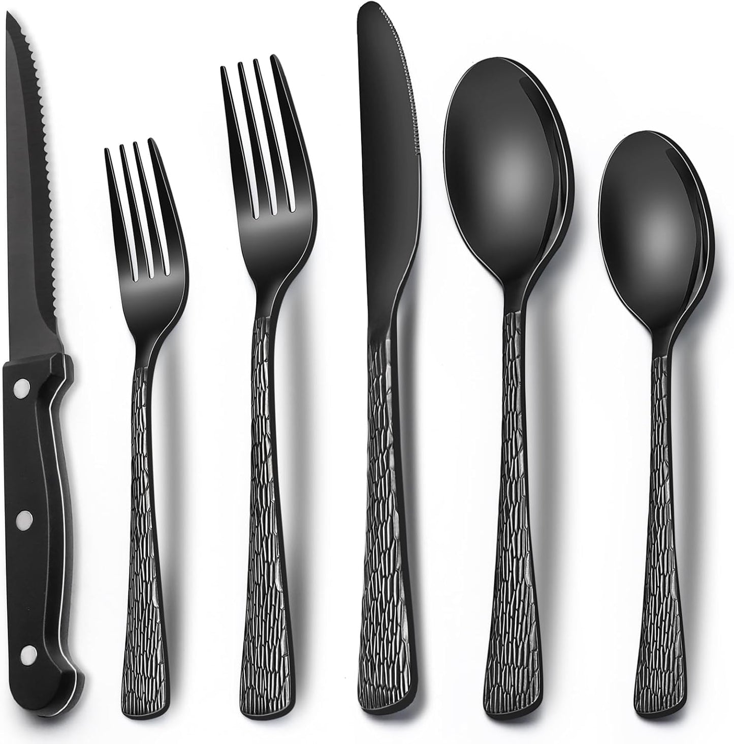 EWFEN 24-Piece Black Silverware Set with Steak Knives, Black Flatware Set for 4, Food-Grade Stainless Steel Tableware Cutlery Set, Mirror Finished Utensil Sets for Home Restaurant, round Edge