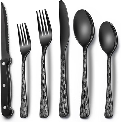 EWFEN 24-Piece Black Silverware Set with Steak Knives, Black Flatware Set for 4, Food-Grade Stainless Steel Tableware Cutlery Set, Mirror Finished Utensil Sets for Home Restaurant, round Edge