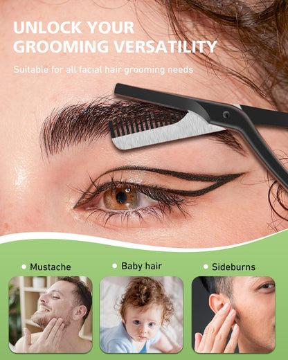 BALUCA Eyebrow Scissors with Comb | Professional Stainless Steel Eyebrow Trimmer for Women & Men | Dual-Design Precision Eye Brow Trimmer Scissors for Effortless Grooming, Silver (Black)