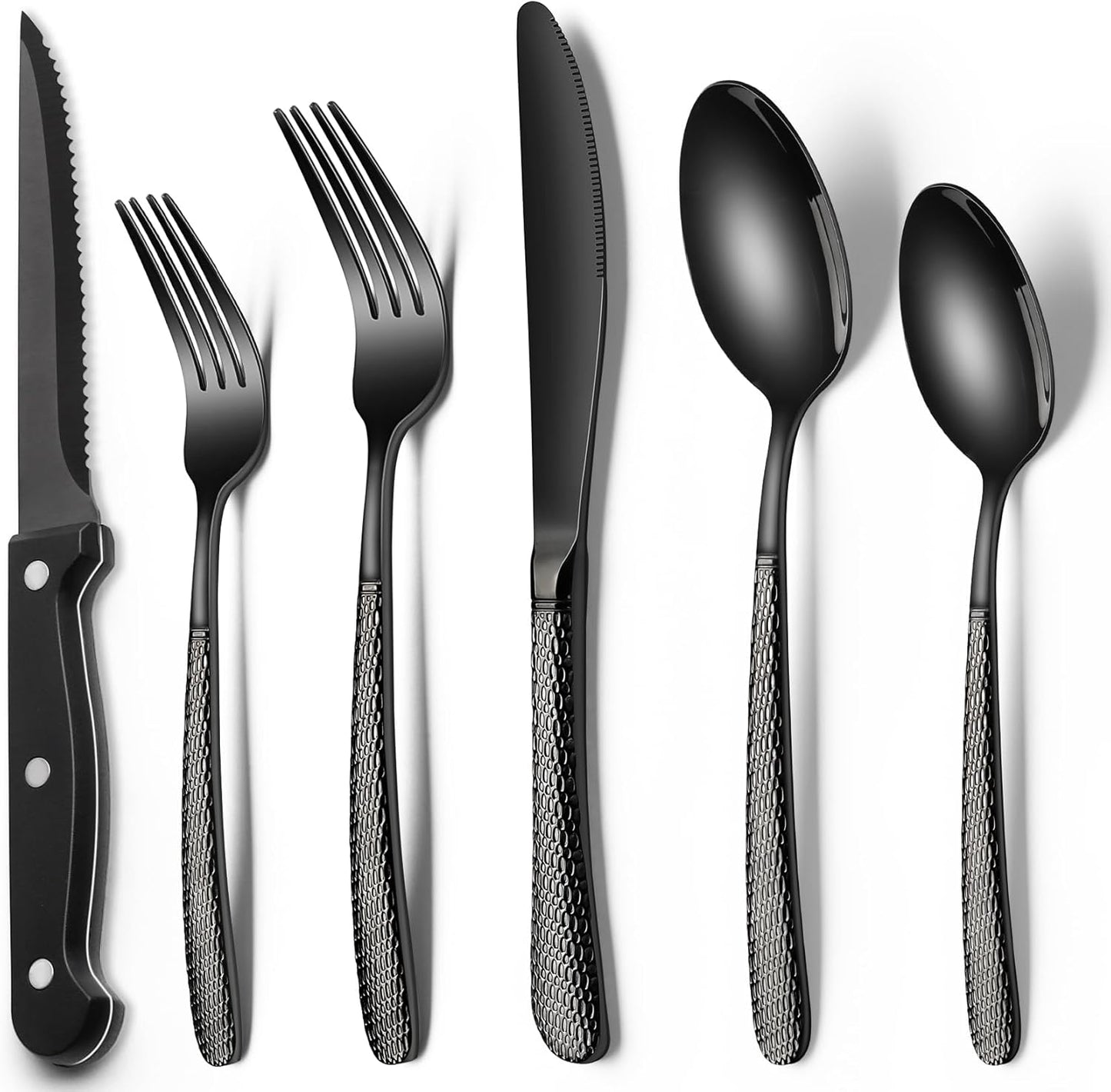 EWFEN 24-Piece Black Silverware Set with Steak Knives, Black Flatware Set for 4, Food-Grade Stainless Steel Tableware Cutlery Set, Mirror Finished Utensil Sets for Home Restaurant, round Edge