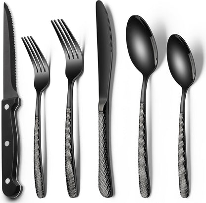EWFEN 24-Piece Black Silverware Set with Steak Knives, Black Flatware Set for 4, Food-Grade Stainless Steel Tableware Cutlery Set, Mirror Finished Utensil Sets for Home Restaurant, round Edge