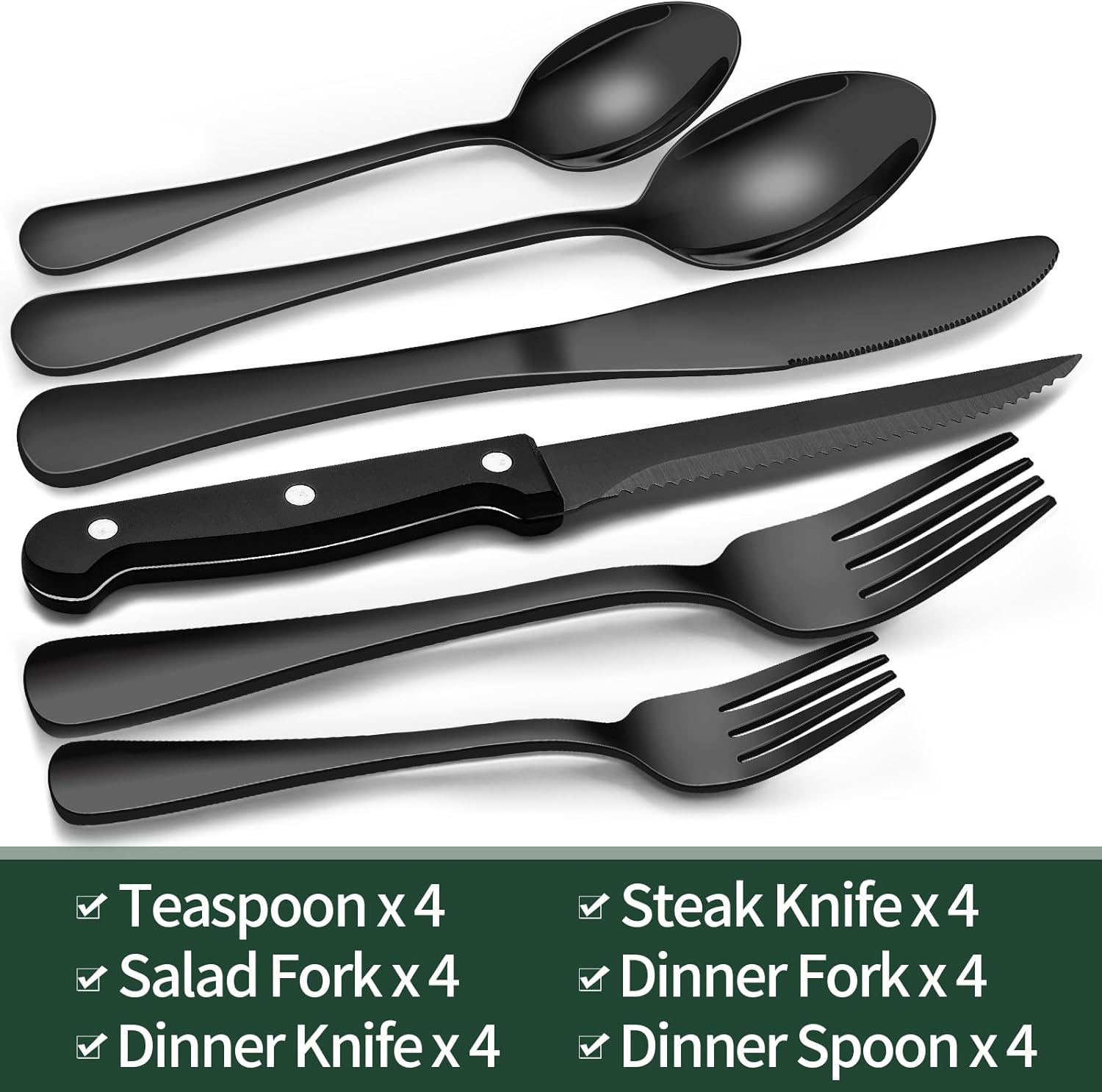 EWFEN 24-Piece Black Silverware Set with Steak Knives, Black Flatware Set for 4, Food-Grade Stainless Steel Tableware Cutlery Set, Mirror Finished Utensil Sets for Home Restaurant, round Edge