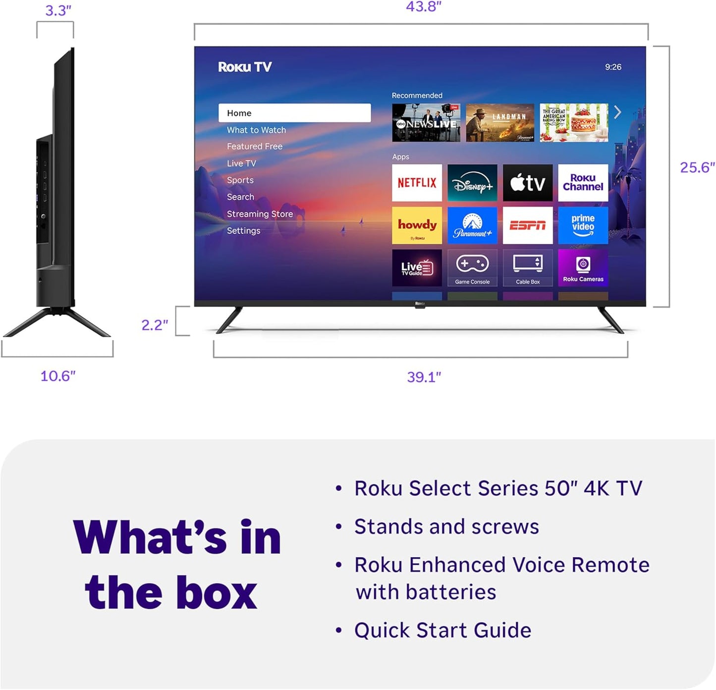 Roku Smart TV – 50-Inch Select Series, 4K HDR TV – Rokutv with Enhanced Voice Remote – Flat Screen LED Television with Wi-Fi for Streaming Live Local News, Sports, Family Entertainment