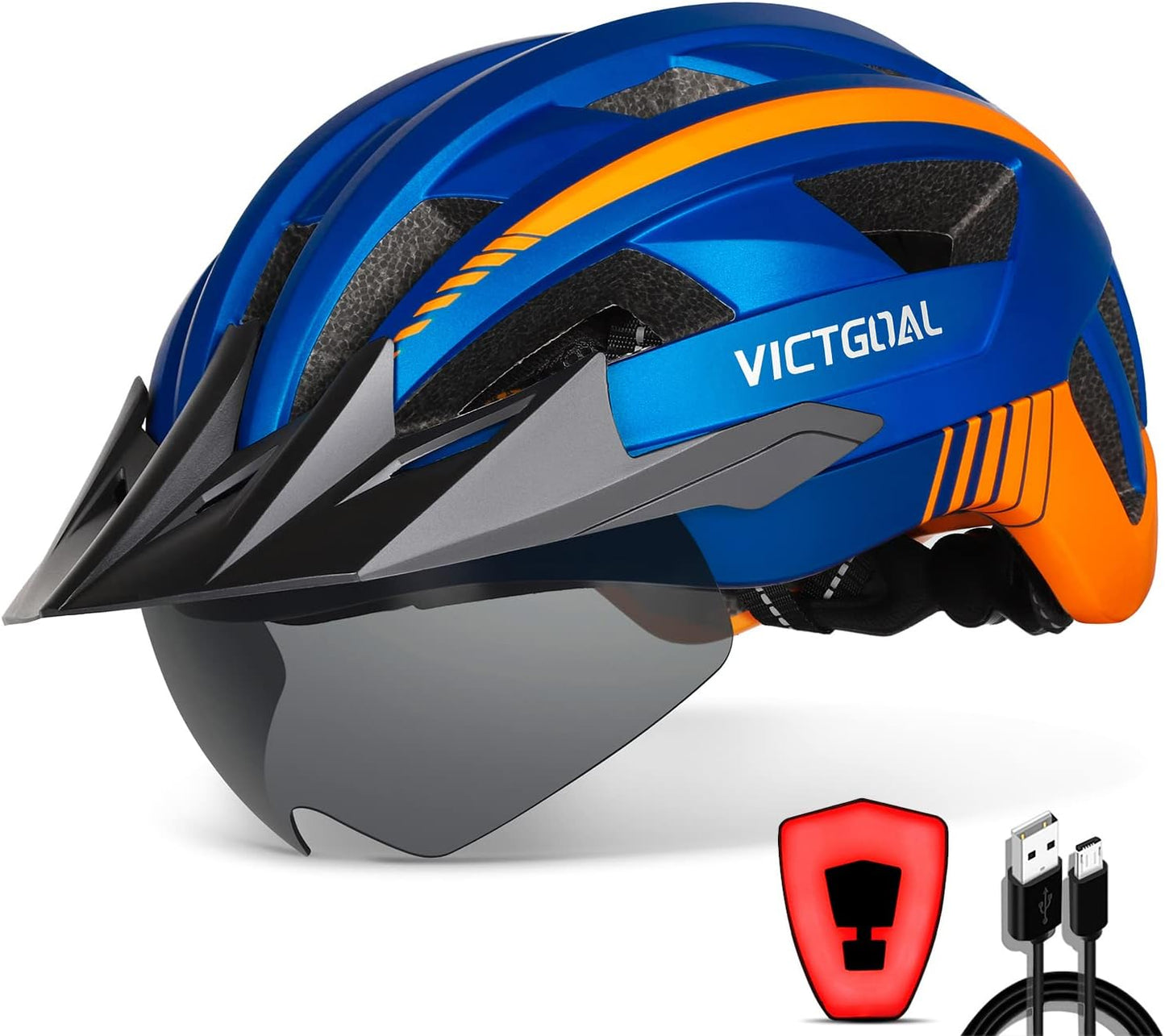 VICTGOAL Bike Helmet with USB Rechargeable Rear Light Detachable Magnetic Goggles Removable Sun Visor Mountain & Road Bicycle Helmets for Men Women Adult Cycling Helmets