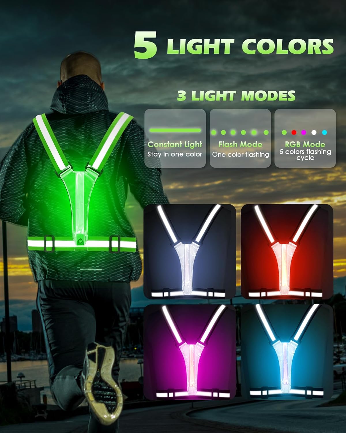Zacro LED Reflective Vest Running Gear, 5 Lights Colors High Visibility Reflective Running Gear Rechargeable Light up Running Vest for Walking Running Cycling, Adjustable for Men Women Kids